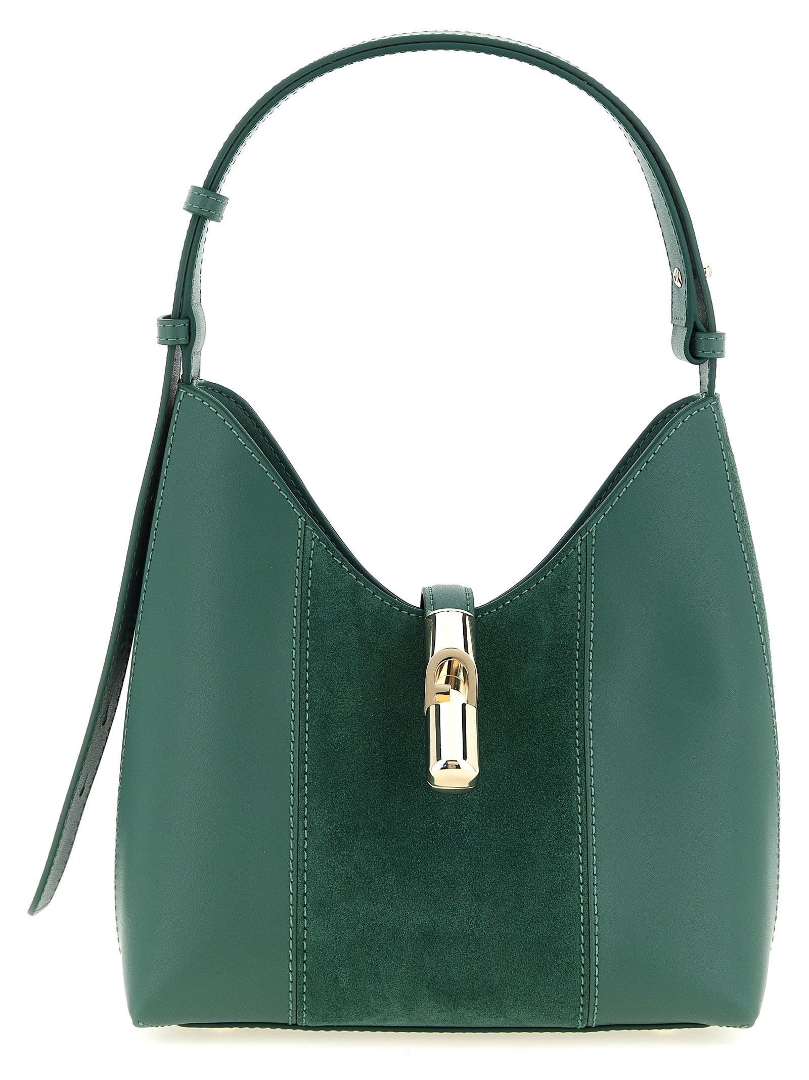 Hobo Shoulder Bag by Furla for women in suede calfskin leather bicolour & green features a effortless chic silhouette with a secure , ample , and versatile adjustable-strap & handle for a effortless chic finish.