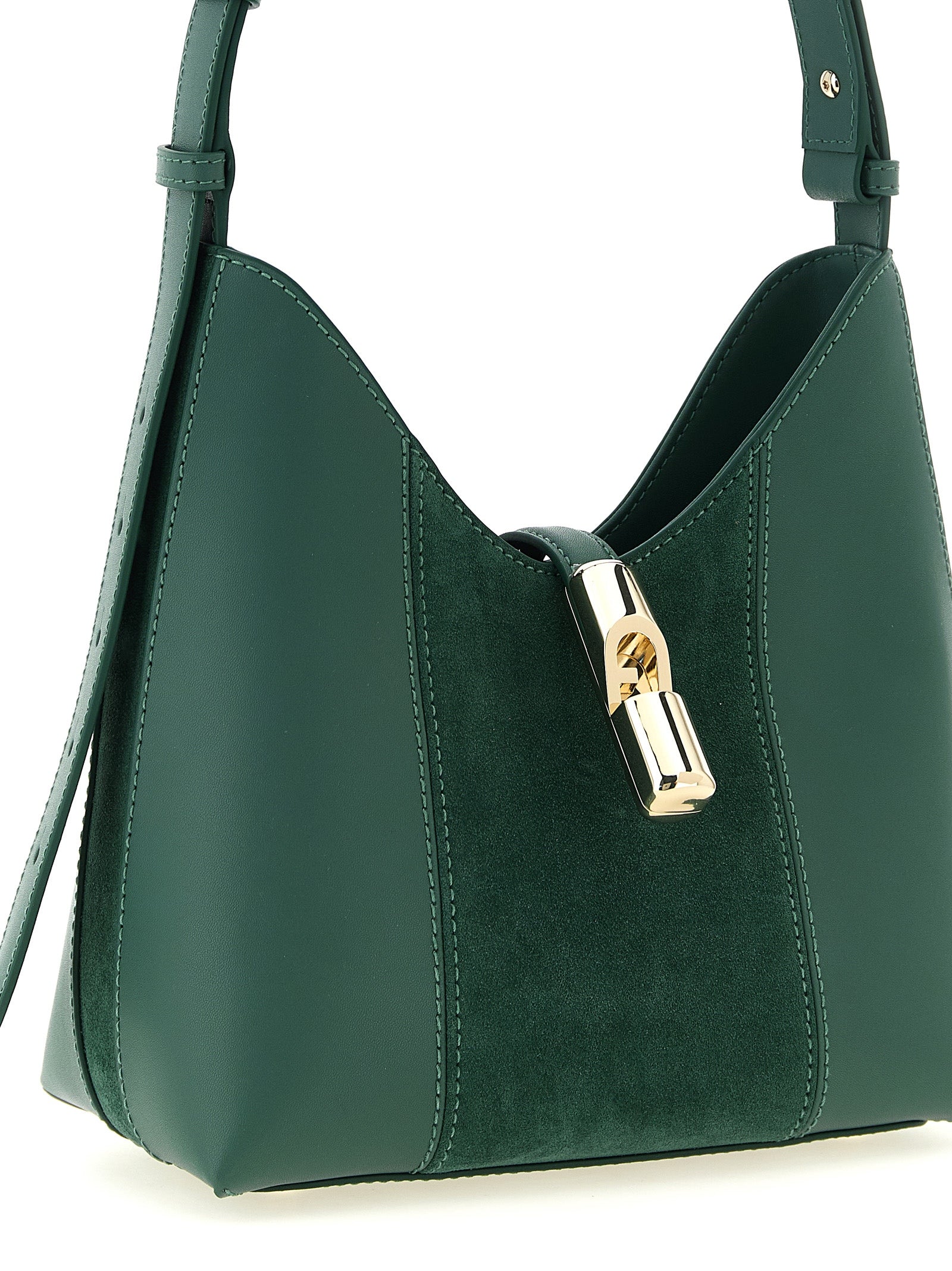 Hobo Shoulder Bag by Furla for women in suede calfskin leather bicolour & green features an effortlessly chic silhouette with a secure , ample , and versatile adjustable-strap & handle for effortlessly chic everyday luxury.
