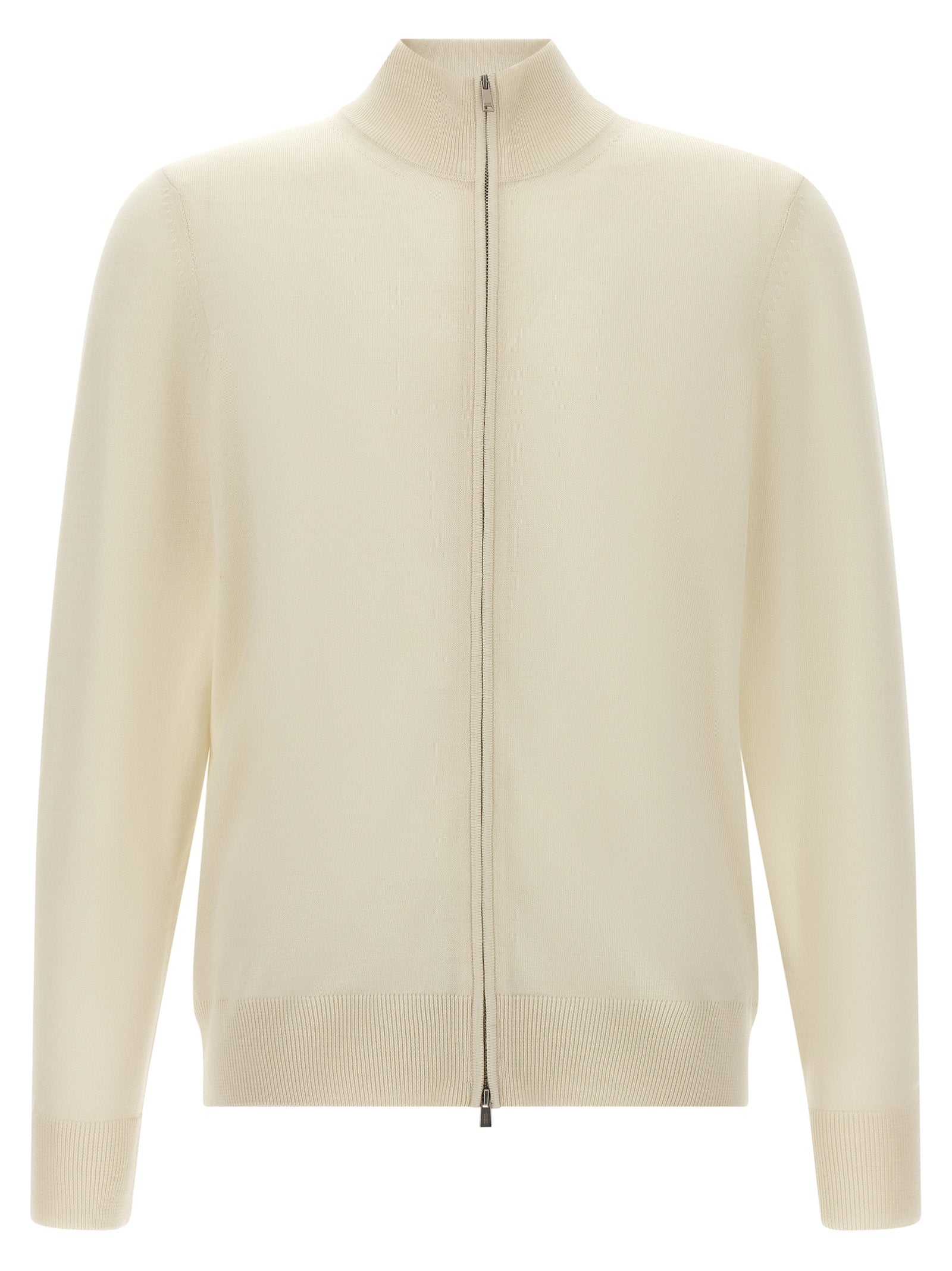 Cardigan by Hugo Boss for men in virgin wool white features a nuanced silhouette with a refined high-neck neckline and nuanced detailing for a sophisticated look.