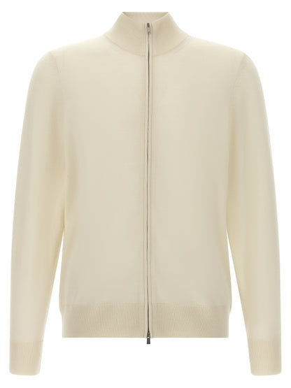 Cardigan by Hugo Boss for men in virgin wool white features a nuanced silhouette with a refined high-neck neckline and nuanced detailing for a sophisticated look.