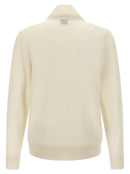 Cardigan by Hugo Boss for men in virgin wool white showcases a captivating silhouette, artfully detailed with a captivating and high-neck neckline for a truly sophisticated captivating look.