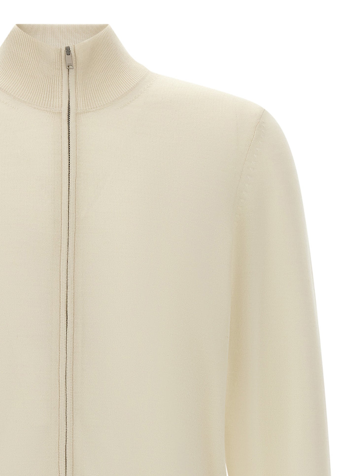 Cardigan by Hugo Boss for men in virgin wool white features an crisp silhouette, showcasing a sophisticated high-neck neckline and detail for a truly crisp finish.