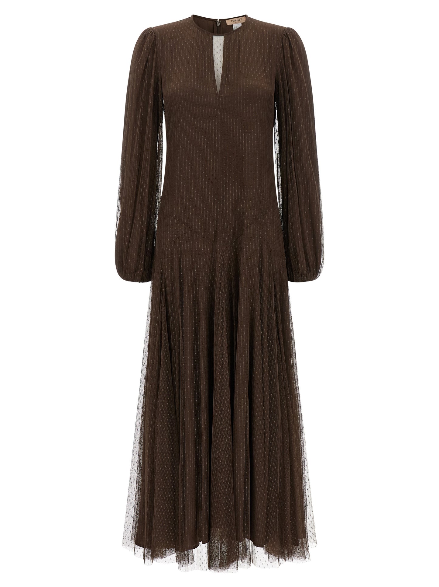 Dress by Twinset for women in polyester brown & transparent features an magnificent silhouette, artfully detailed with a magnificent round neckline and that flows into an magnificent long.