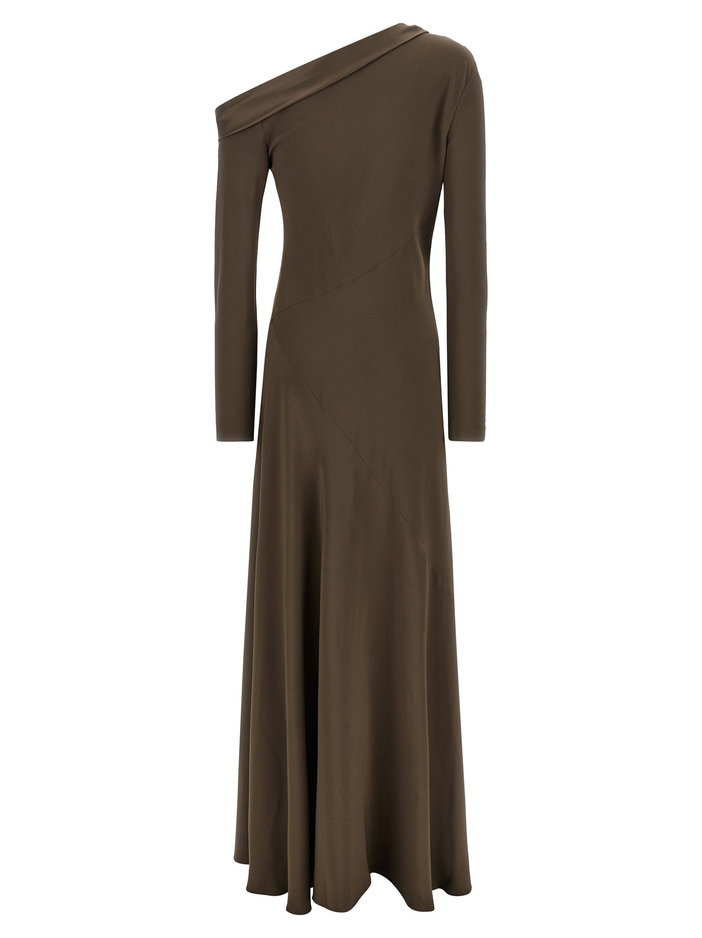 Dress by Alberta Ferretti for women in viscose brown showcases a striking silhouette, elegantly detailed with a , refined split neckline, and a striking long for a striking finish.