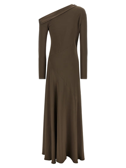 Dress by Alberta Ferretti for women in viscose brown showcases a striking silhouette, elegantly detailed with a , refined split neckline, and a striking long for a striking finish.