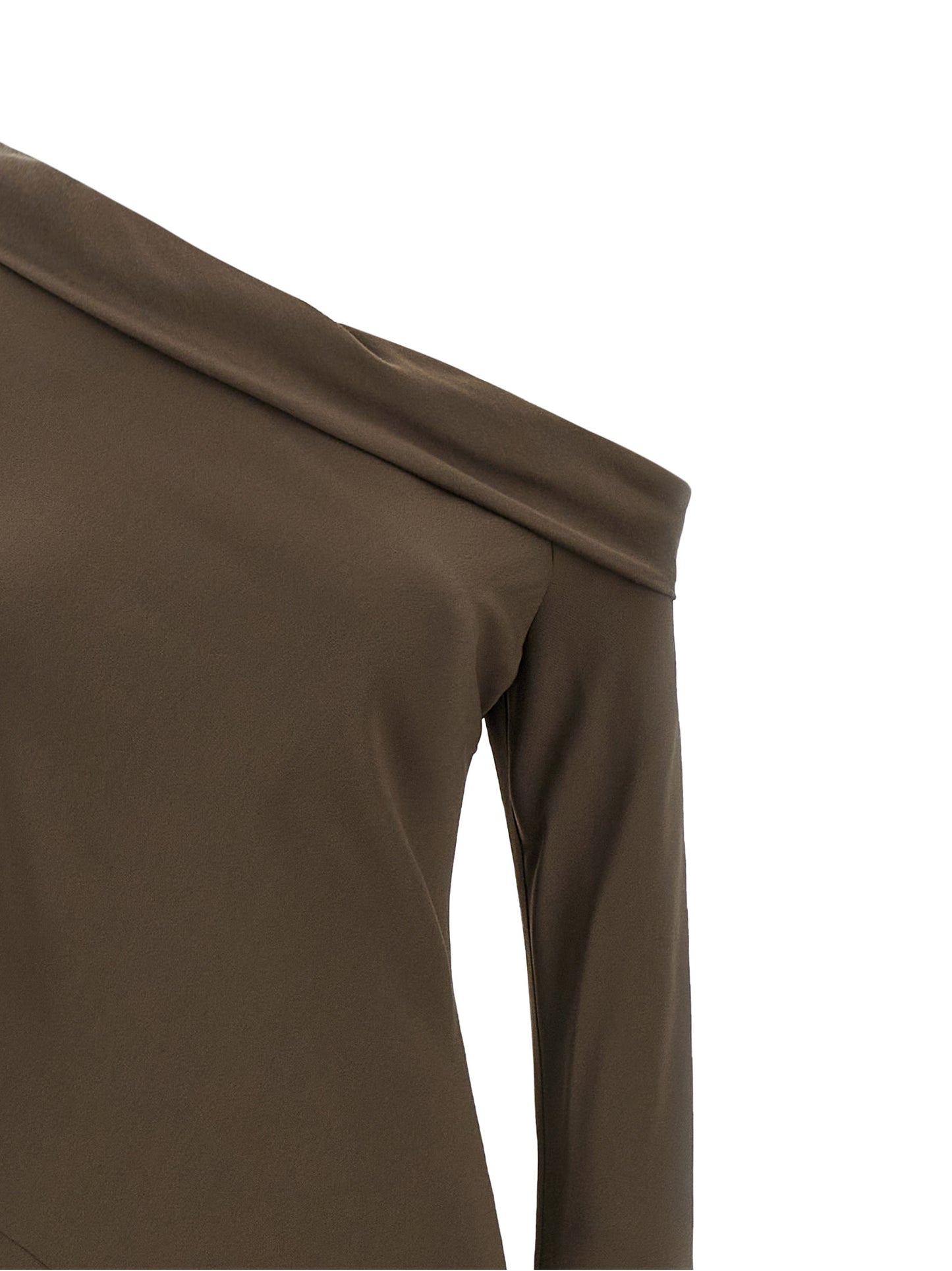 Dress by Alberta Ferretti for women in viscose brown features a dramatic silhouette, showcasing an elegant split neckline and that flows into a dramatic long.