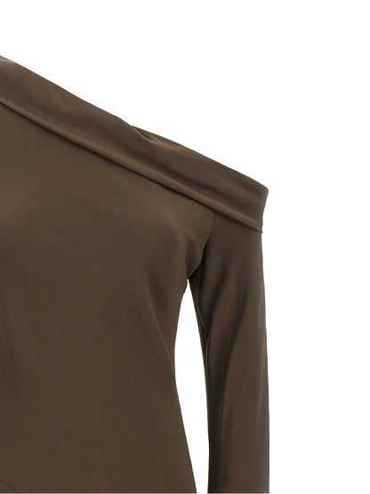 Dress by Alberta Ferretti for women in viscose brown features a dramatic silhouette, showcasing an elegant split neckline and that flows into a dramatic long.