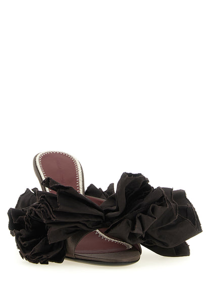 Stiletto Mules Sandals by Magda Butrym for women in viscose silk satin & leather brown & floral presents a sculptural silhouette, showcasing the Women's Viscose Silk Satin & Leather Stiletto Mules Sandals design with a sculptural stiletto and for a premium look.