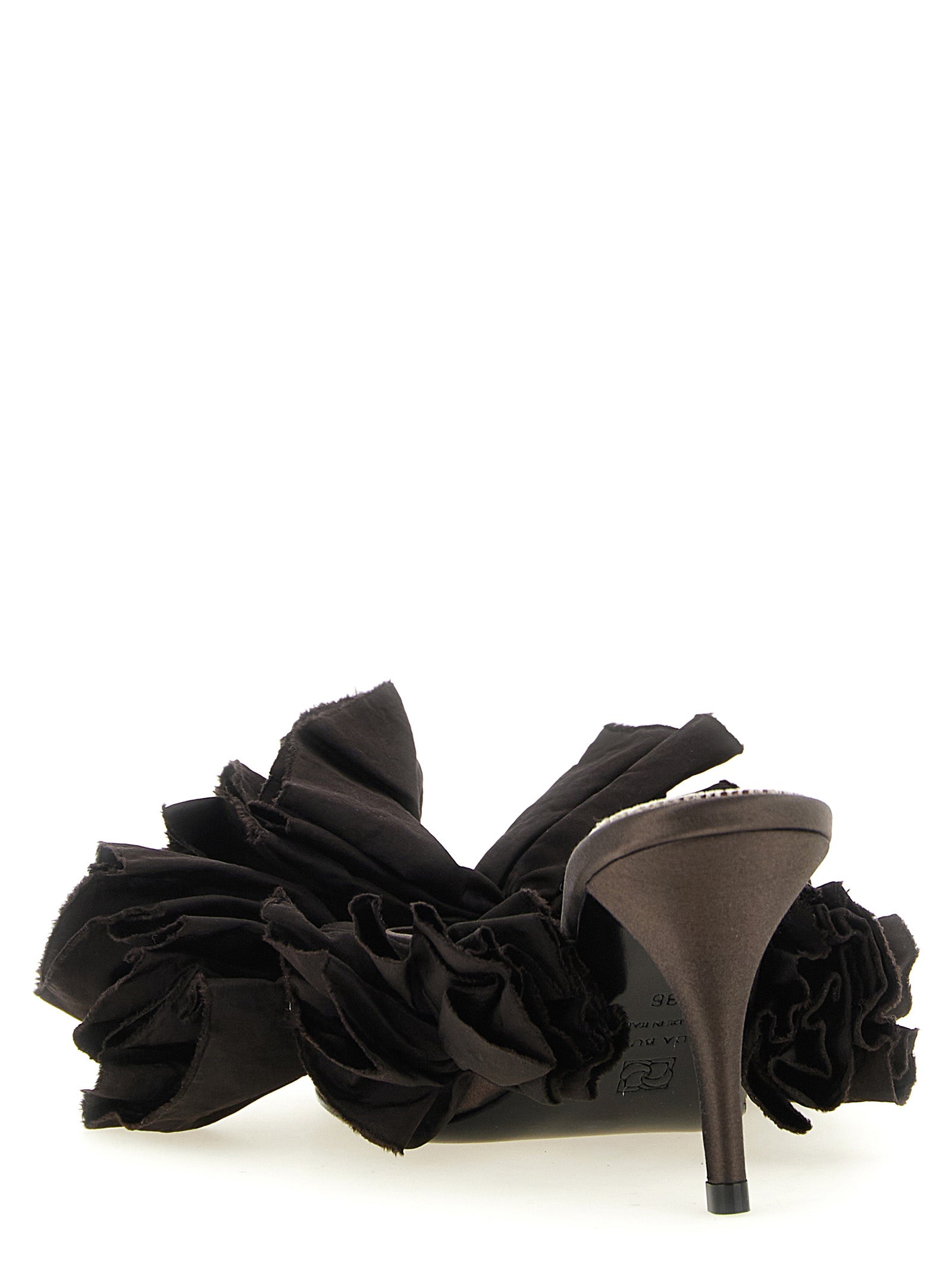Stiletto Mules Sandals by Magda Butrym for women in viscose silk satin & leather brown & floral features an architectural design from the Women's Viscose Silk Satin & Leather Stiletto Mules Sandals collection, defined by a architectural stiletto and for a architectural finish.