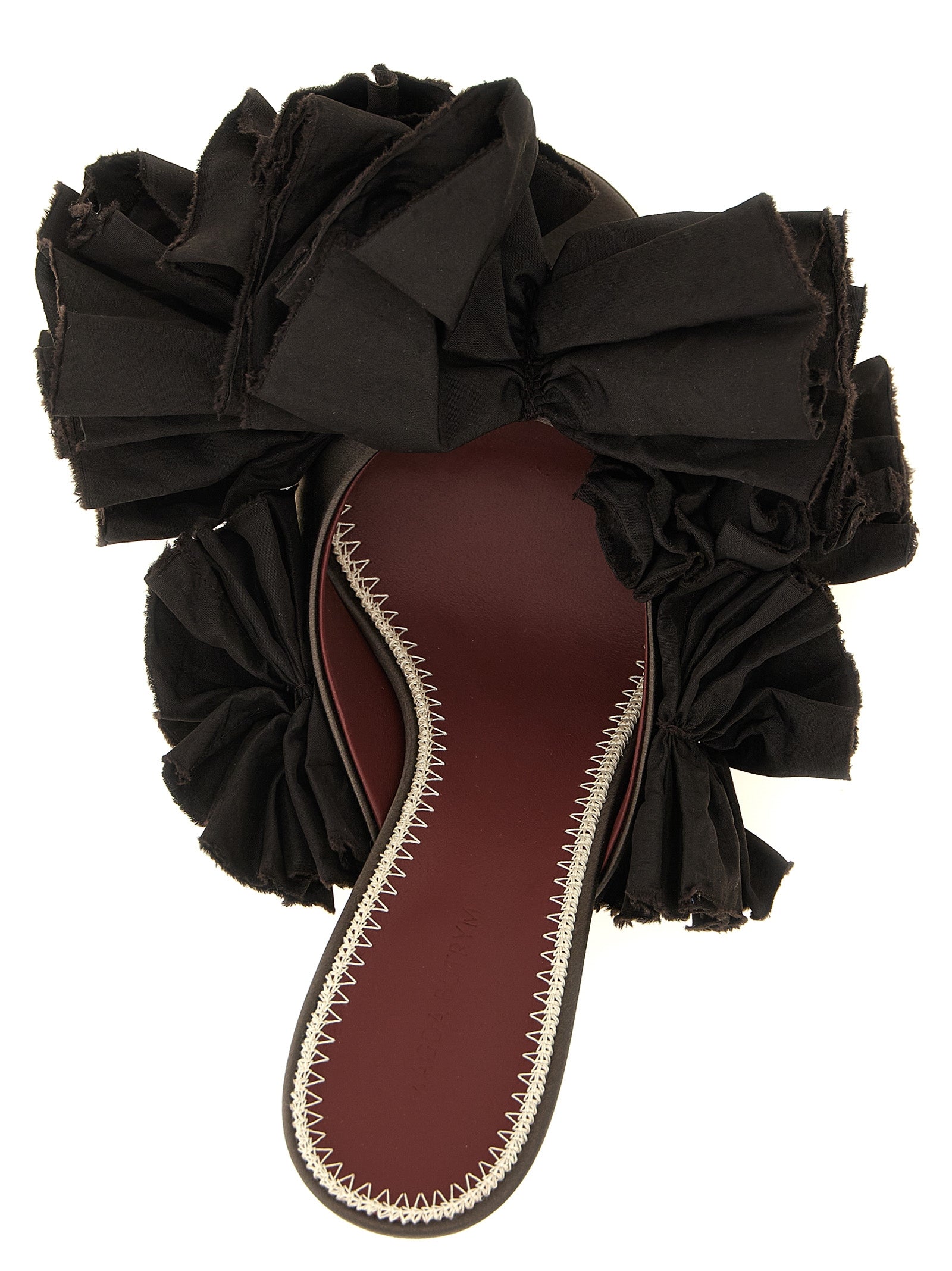 Stiletto Mules Sandals by Magda Butrym for women in viscose silk satin & leather brown & floral showcases a sculptural silhouette as Women's Viscose Silk Satin & Leather Stiletto Mules Sandals, defined by a sculptural stiletto and sculptural for a sculptural look.