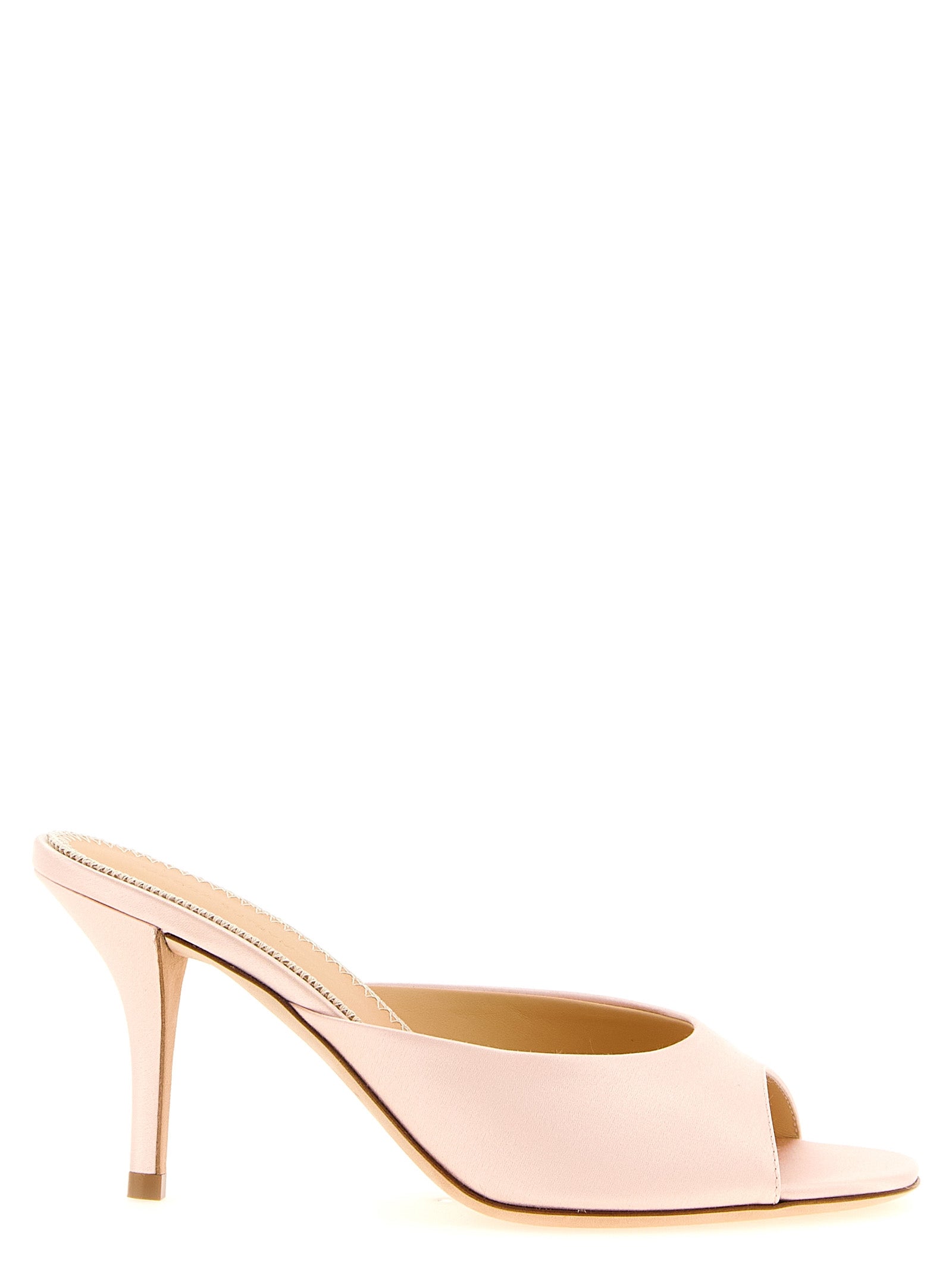 Stiletto Mules Sandals by Magda Butrym for women in viscose silk satin & leather multicolor & powder-pink features an effortlessly chic silhouette from the Women's Viscose Silk Satin & Leather Stiletto Mules Sandals collection, showcasing a effortlessly chic stiletto and elegant open toe style.
