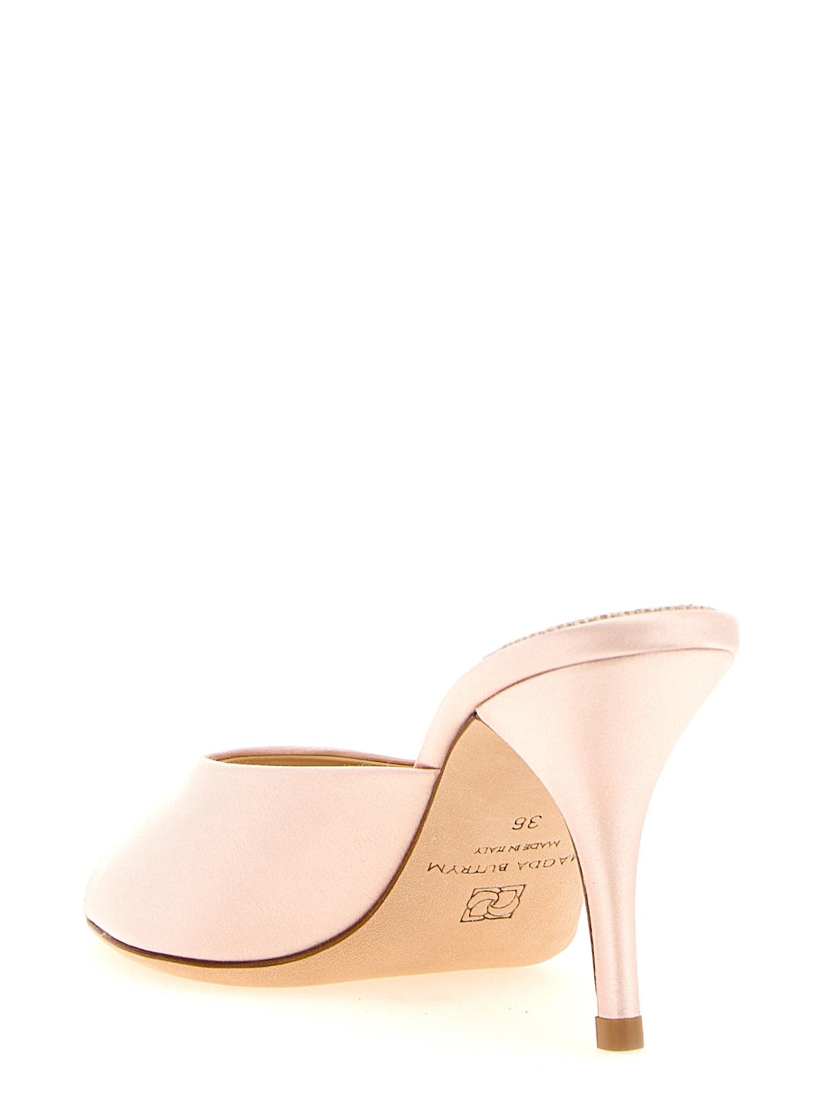 Stiletto Mules Sandals by Magda Butrym for women in viscose silk satin & leather multicolor & powder-pink features an exquisite silhouette, showcasing the exquisite Women's Viscose Silk Satin & Leather Stiletto Mules Sandals with a stiletto and open toe style.