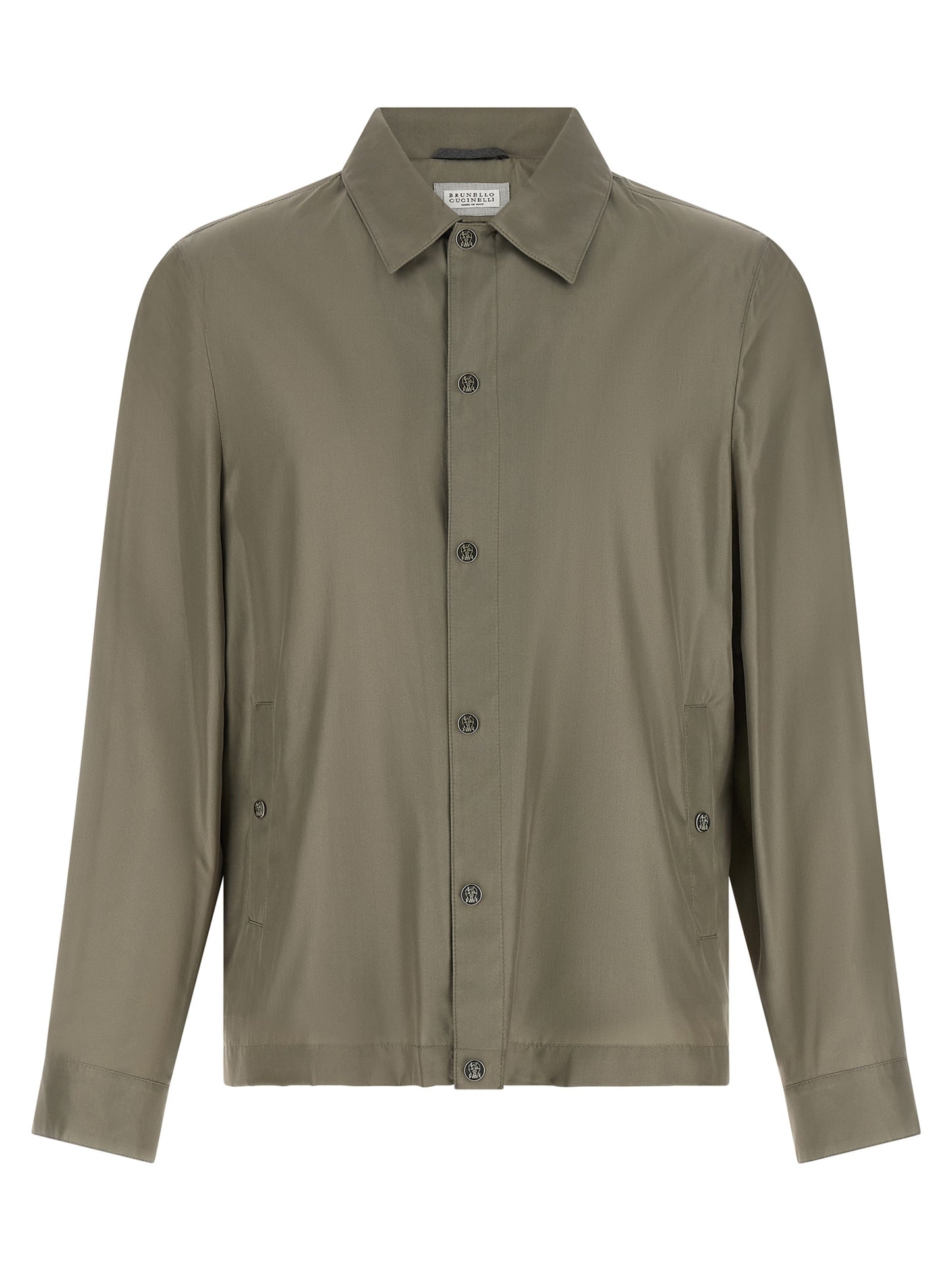 Overcoat by Brunello Cucinelli for men in polyurethane & silk bicolour & green features an voluminous silhouette, showcasing distinct pockets and a voluminous for a truly voluminous aesthetic.