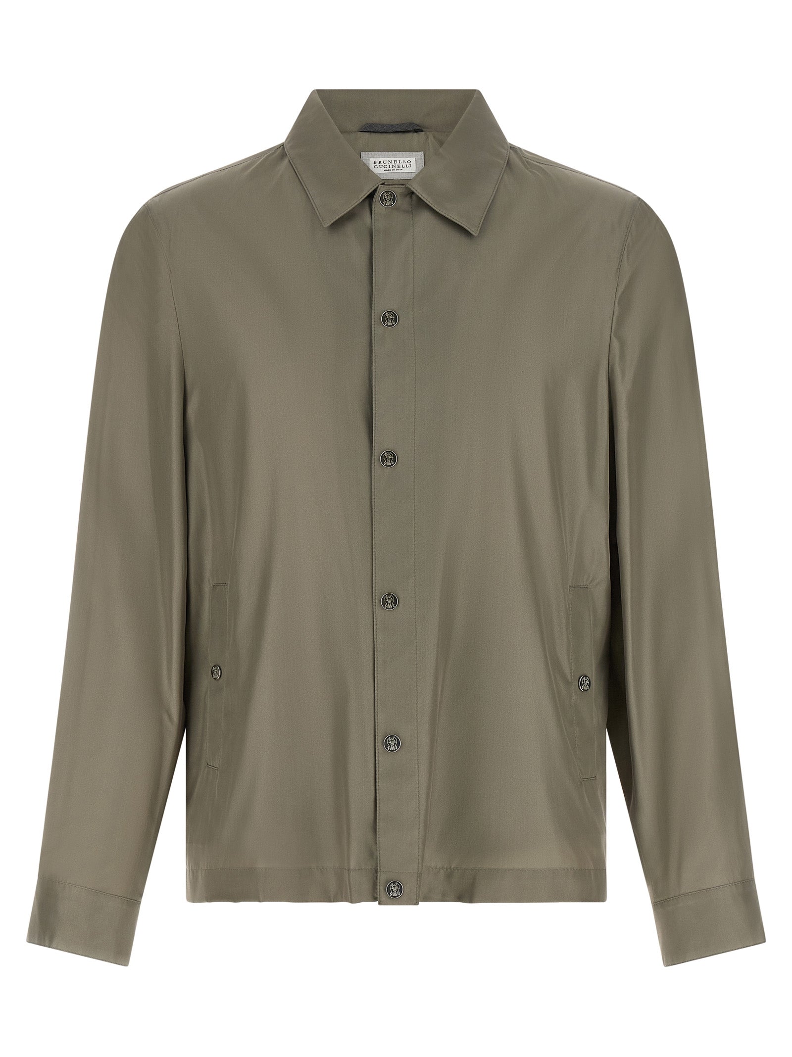 Overcoat by Brunello Cucinelli for men in polyurethane & silk bicolour & green features an voluminous silhouette, showcasing distinct pockets and a voluminous for a truly voluminous aesthetic.
