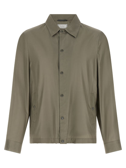Overcoat by Brunello Cucinelli for men in polyurethane & silk bicolour & green features an voluminous silhouette, showcasing distinct pockets and a voluminous for a truly voluminous aesthetic.