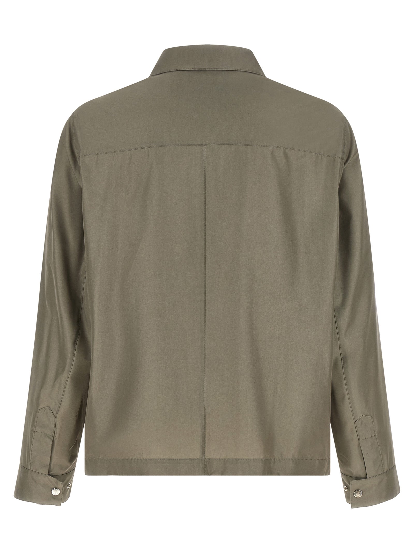 Overcoat by Brunello Cucinelli for men in polyurethane & silk bicolour & green features a contemporary silhouette showcasing a contemporary and refined pockets for a sophisticated finish.