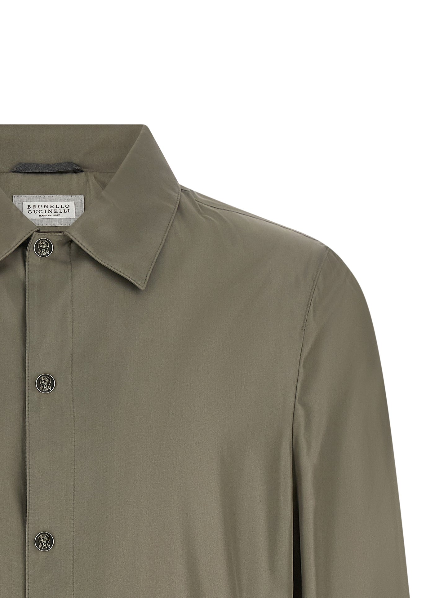Overcoat by Brunello Cucinelli for men in polyurethane & silk bicolour & green presents a luxurious silhouette, showcasing a luxurious and sophisticated pockets for a premium, luxurious look.