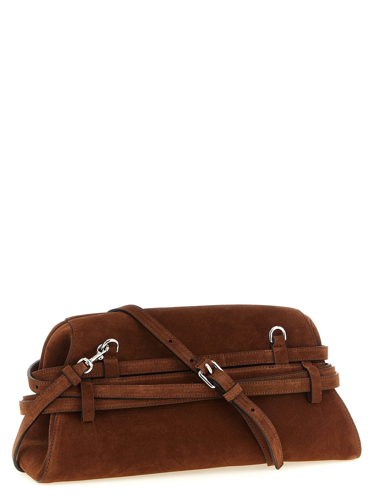 Shoulder Clutch Handbag by Moschino for women in suede calfskin leather brown & silver features a sculptural silhouette with a secure zipper & buckle, ample , and versatile shoulder-strap & adjustable-strap for a sculptural finish.