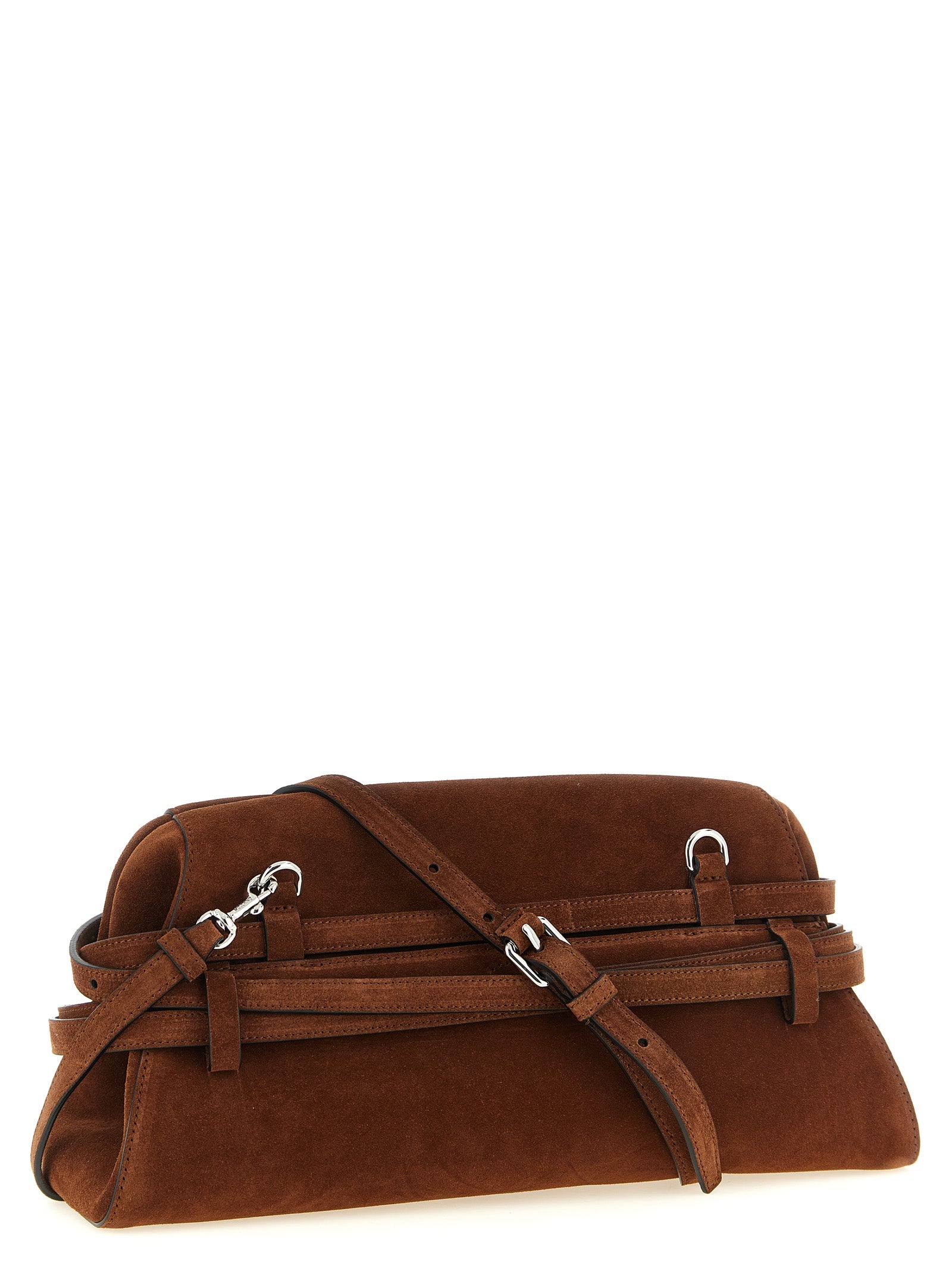 Shoulder Clutch Handbag by Moschino for women in suede calfskin leather brown & silver features a sculptural silhouette with a secure zipper & buckle, ample , and versatile shoulder-strap & adjustable-strap for a sculptural finish.