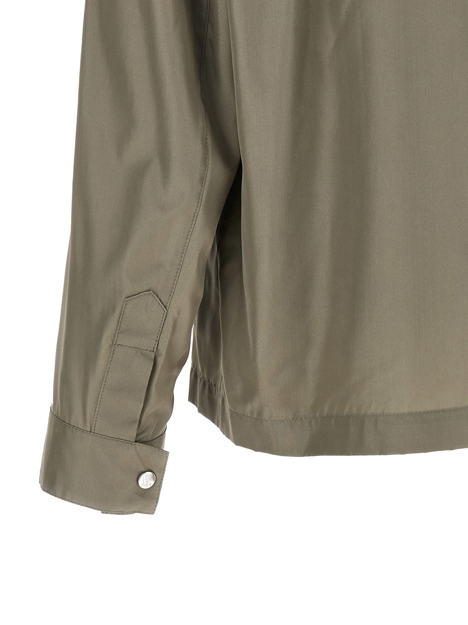 Overcoat by Brunello Cucinelli for men in polyurethane & silk bicolour & green features an satoral silhouette, showcasing a sophisticated and satoral pockets for a premium, timeless look.