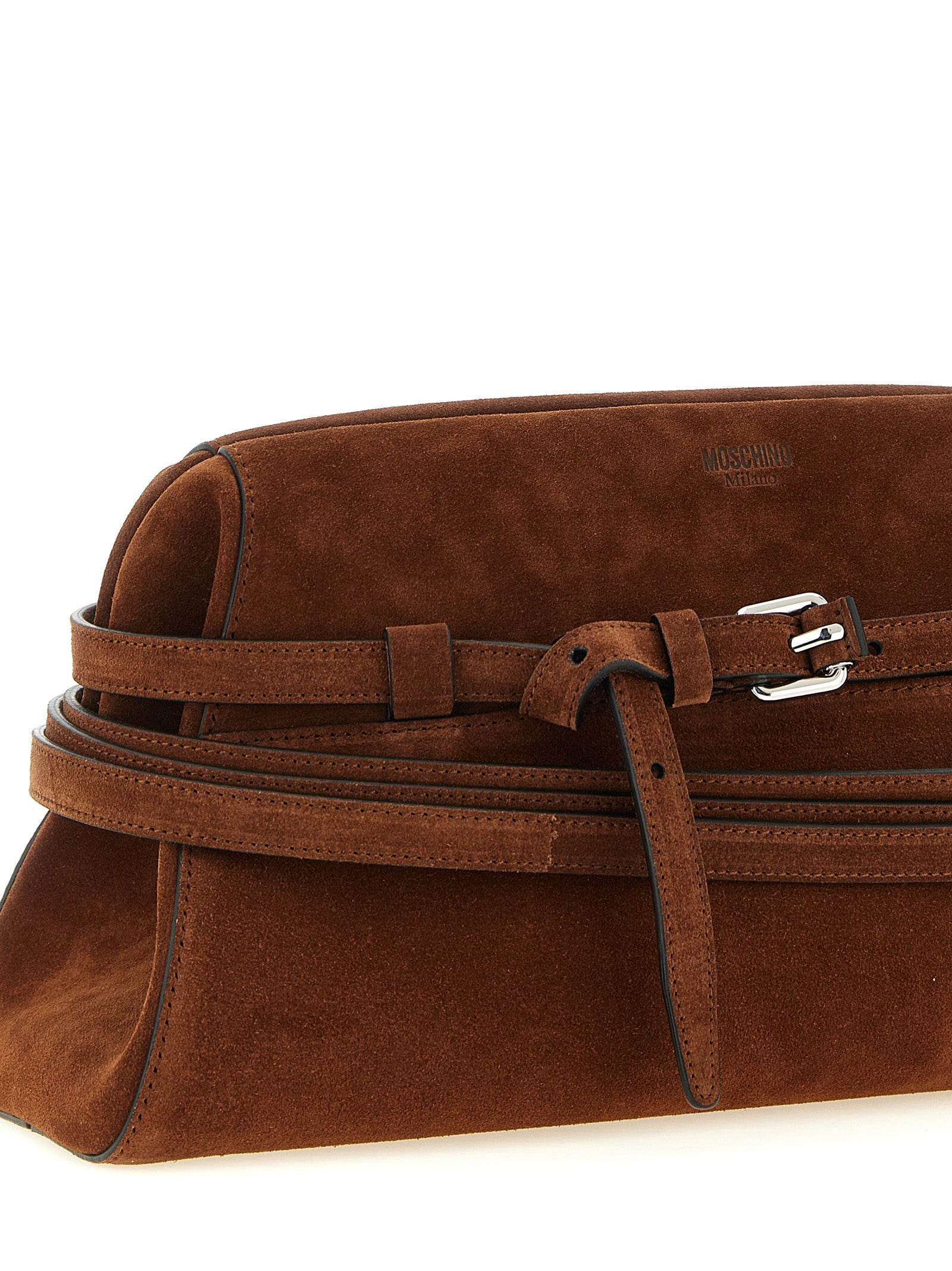 Shoulder Clutch Handbag by Moschino for women in suede calfskin leather brown & silver features a statuesque silhouette, showcasing a secure zipper & buckle and organized with versatile shoulder-strap & adjustable-strap for statuesque evening wear.