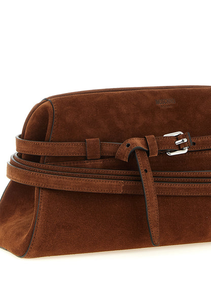 Shoulder Clutch Handbag by Moschino for women in suede calfskin leather brown & silver features a statuesque silhouette, showcasing a secure zipper & buckle and organized with versatile shoulder-strap & adjustable-strap for statuesque evening wear.