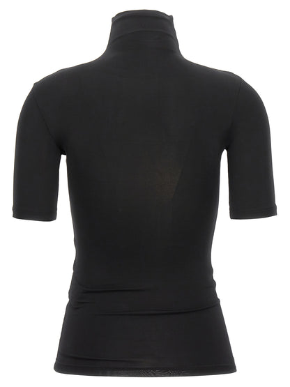 Activewear T-Shirt by Off-White for women in stretch fabric & acetate black, white & signature features a sporty silhouette with and turtle neckline, showcasing innovative for a sporty finish.