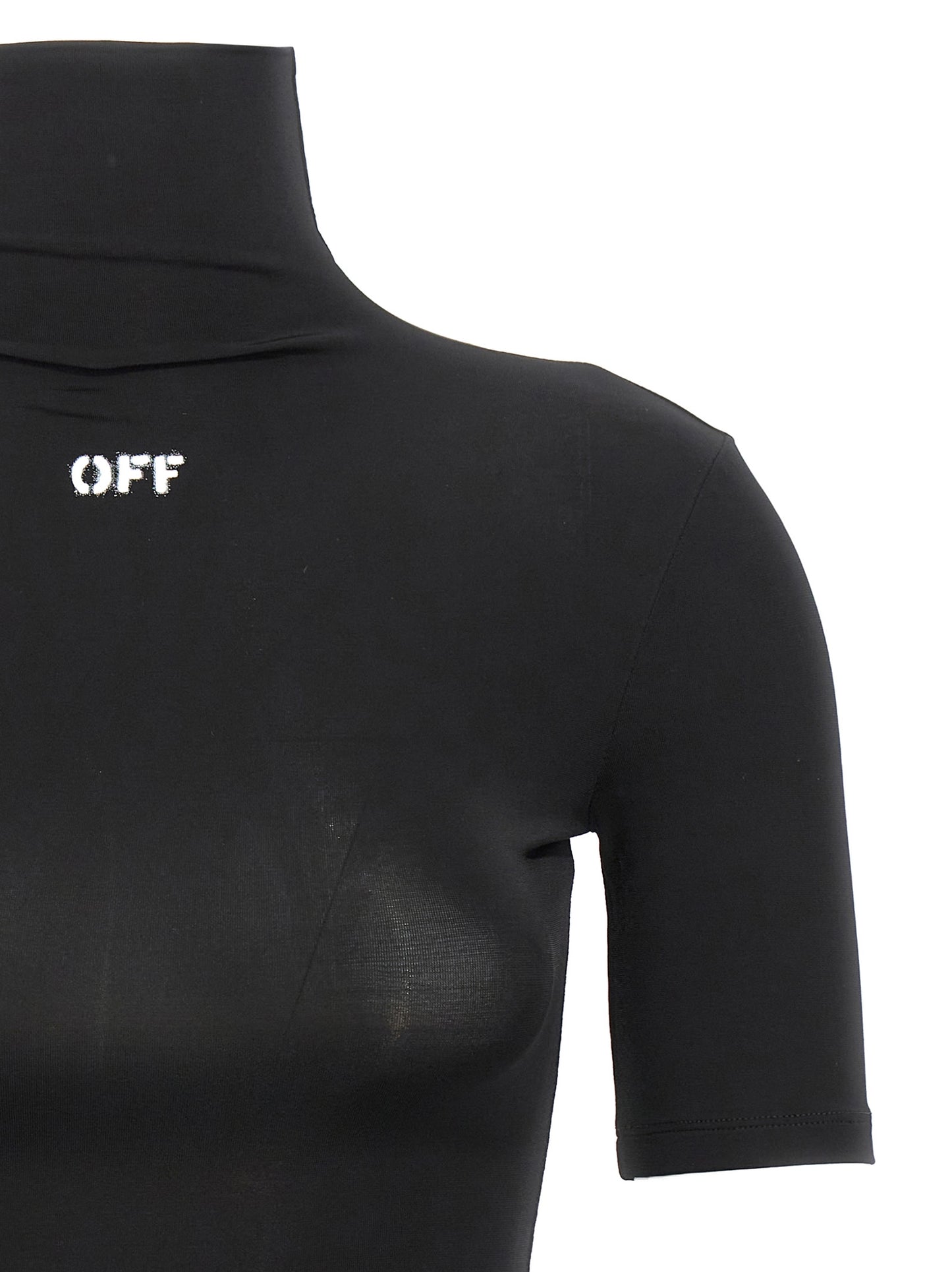 Activewear T-Shirt by Off-White for women in stretch fabric & acetate black, white & signature features a versatile silhouette, showcasing a versatile turtle neckline and detailed with high-performance for a premium look.