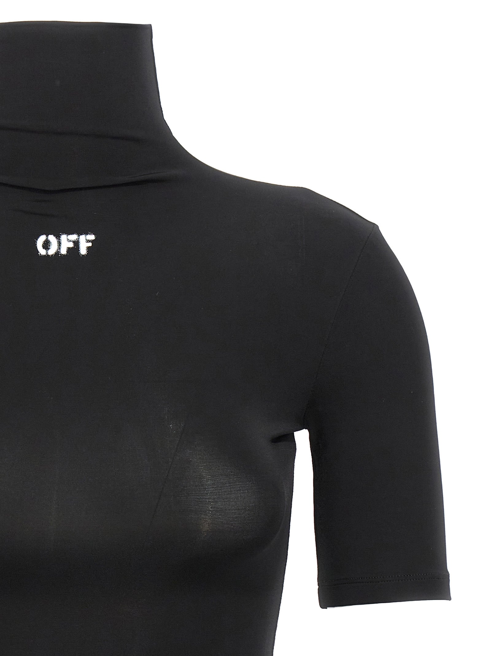 Activewear T-Shirt by Off-White for women in stretch fabric & acetate black, white & signature features a versatile silhouette, showcasing a versatile turtle neckline and detailed with high-performance for a premium look.