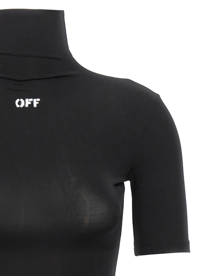 Activewear T-Shirt by Off-White for women in stretch fabric & acetate black, white & signature features a versatile silhouette, showcasing a versatile turtle neckline and detailed with high-performance for a premium look.