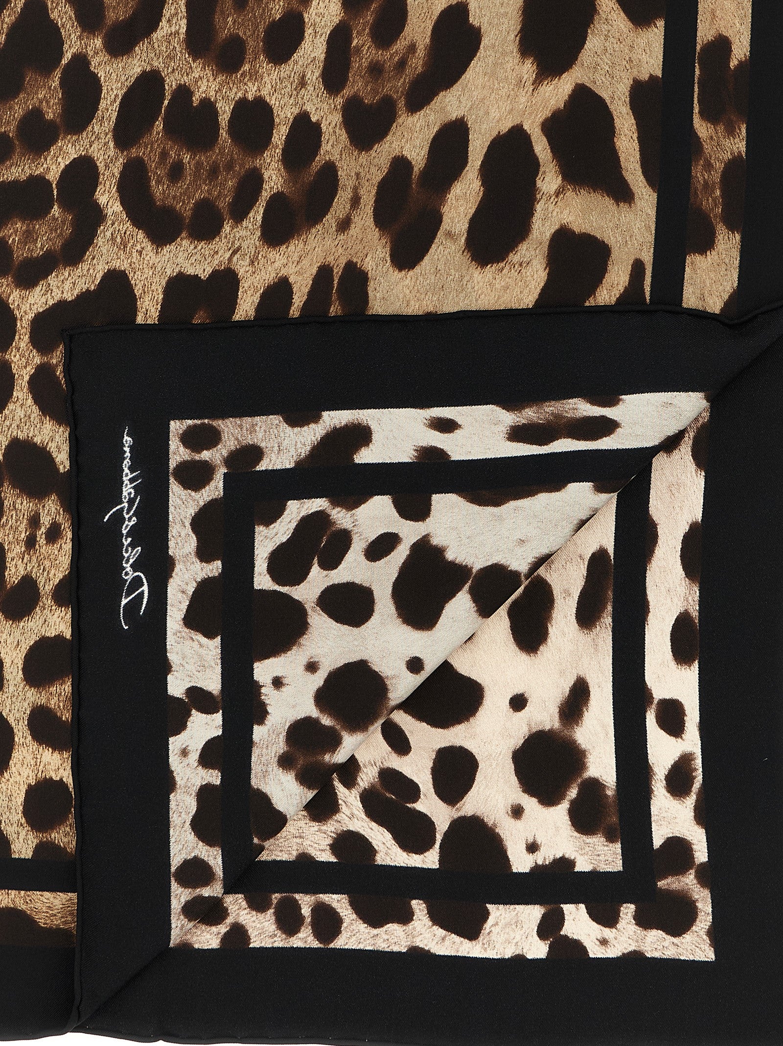 Scarf by Dolce & Gabbana for women in silk black, brown, white, leopard-print, signature & print features a timeless silhouette, artfully capturing the essence of the timeless Silk Scarf design for a sophisticated look.