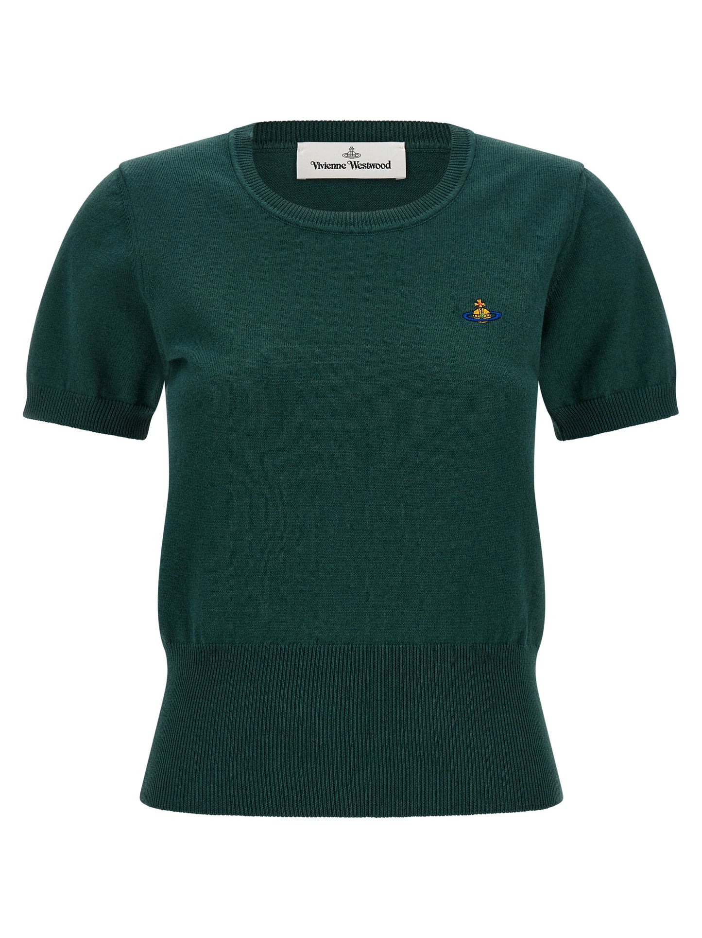 Shirt by Vivienne Westwood for women in cashmere cotton blend bicolour, green & patterned showcases a sharp silhouette, elegantly detailed with a sharp crew neckline and sharp short-sleeve.