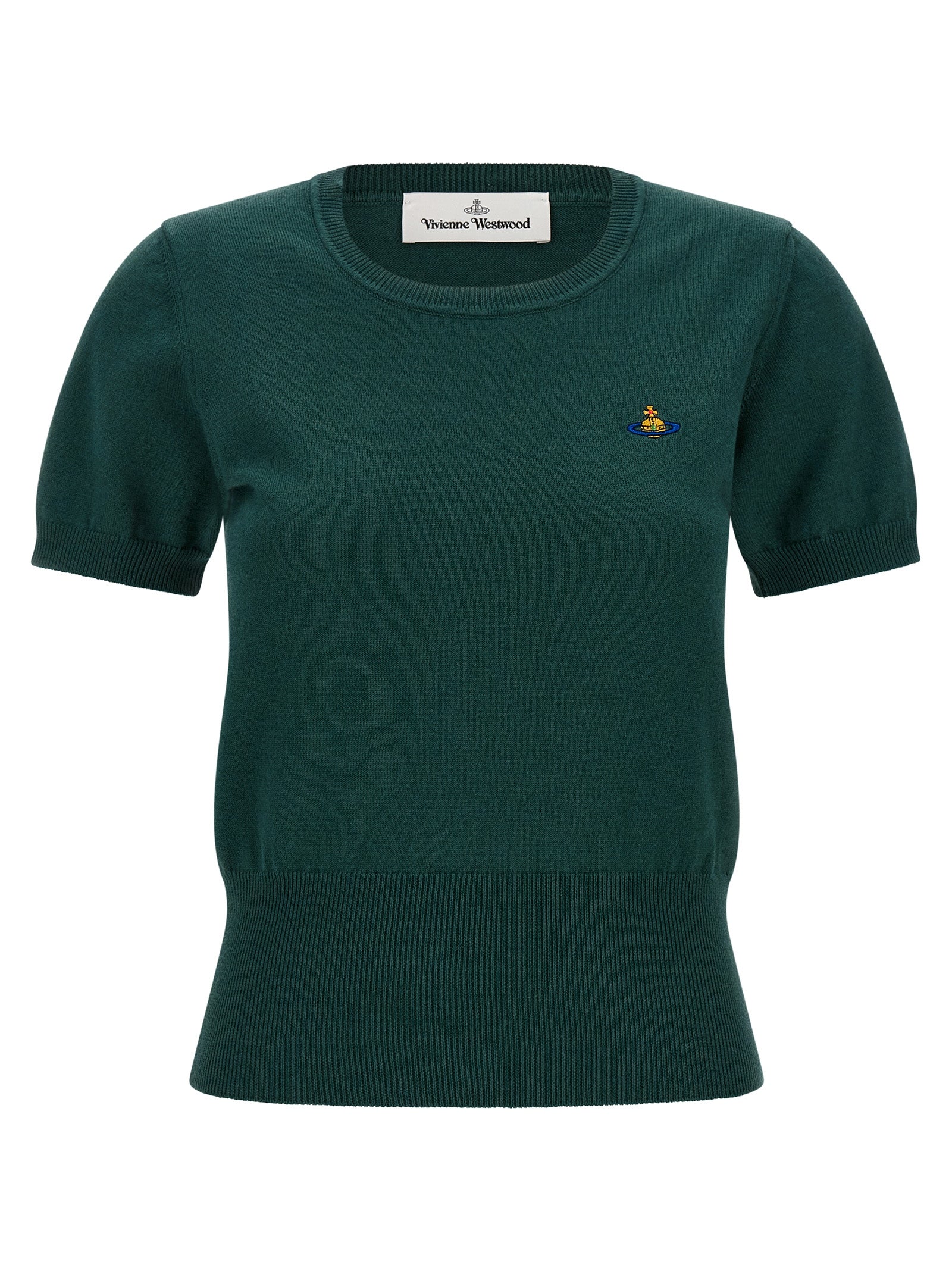 Shirt by Vivienne Westwood for women in cashmere cotton blend bicolour, green & patterned showcases a sharp silhouette, elegantly detailed with a sharp crew neckline and sharp short-sleeve.