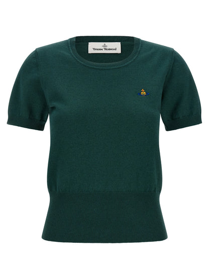 Shirt by Vivienne Westwood for women in cashmere cotton blend bicolour, green & patterned showcases a sharp silhouette, elegantly detailed with a sharp crew neckline and sharp short-sleeve.