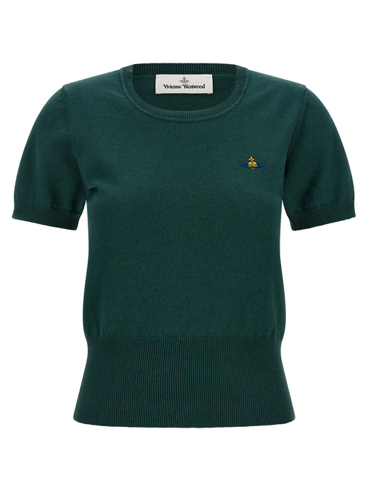 Shirt by Vivienne Westwood for women in cashmere cotton blend bicolour, green & patterned showcases a sharp silhouette, elegantly detailed with a sharp crew neckline and sharp short-sleeve.