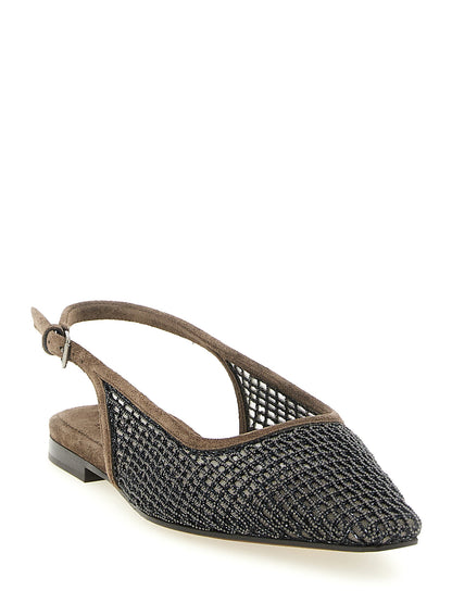 Ballet Slingback Flat Shoes by Brunello Cucinelli for women in suede calfskin leather brown showcases a resplendent Monile Women's Suede Calfskin Leather Ballet Slingback Flat Shoes aesthetic with a and .