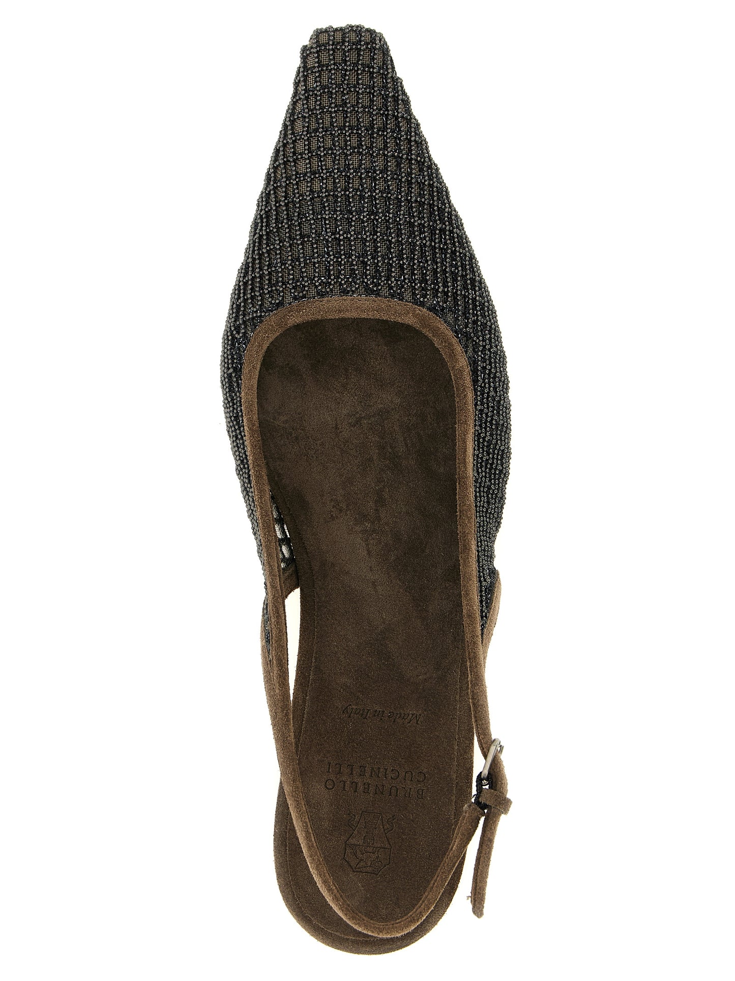 Ballet Slingback Flat Shoes by Brunello Cucinelli for women in suede calfskin leather brown presents a effortless chic silhouette, showcasing the Monile Women's Suede Calfskin Leather Ballet Slingback Flat Shoes design with a effortless chic and for a sophisticated look.