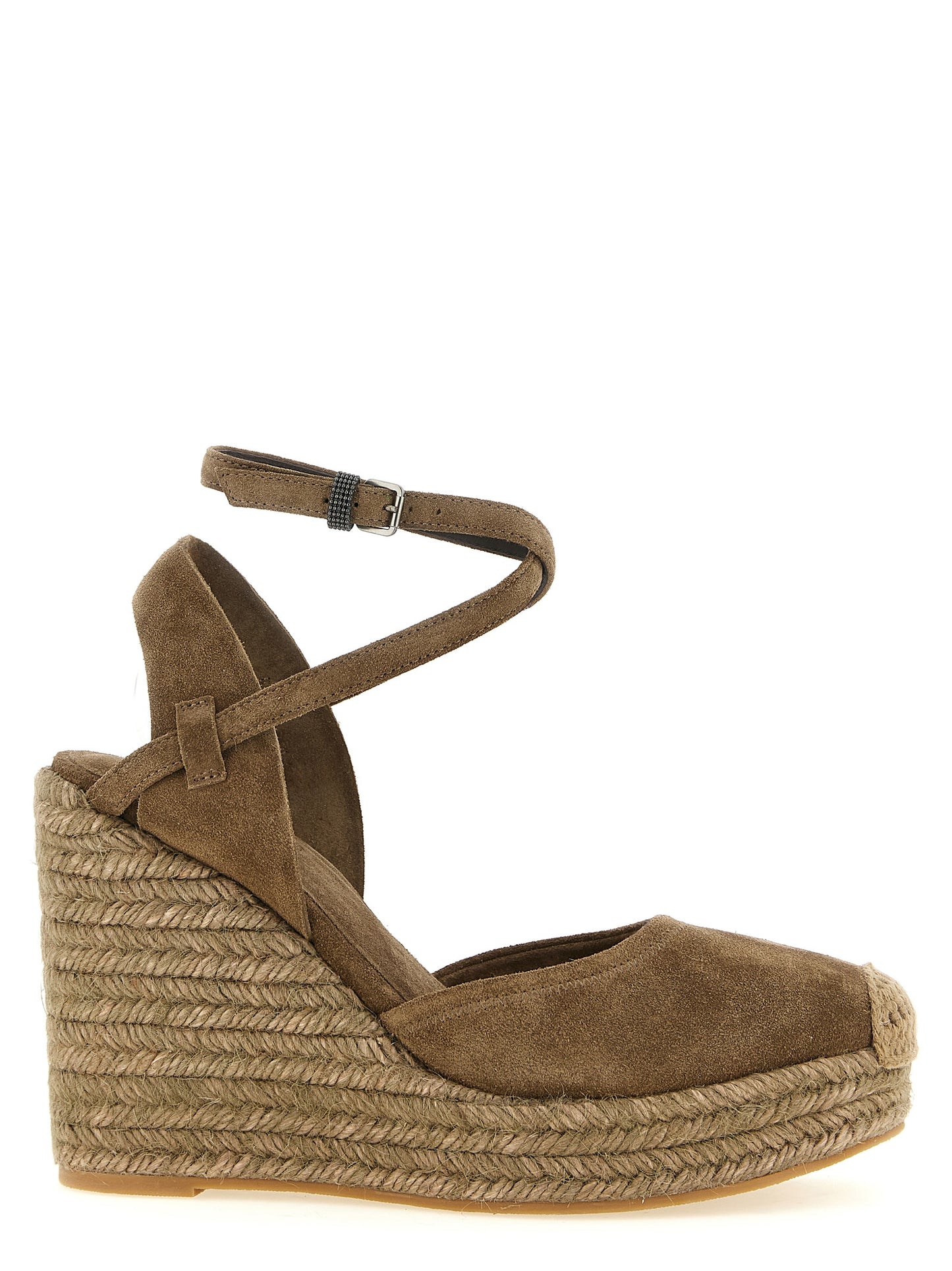Wedge Ankle Strap Sandals by Brunello Cucinelli for women in calfskin suede leather brown features an effortlessly chic silhouette from the Crochet Monile Women's Calfskin Suede Leather Wedge Ankle Strap Sandals collection, showcasing a effortlessly chic wedge and elegant round toe style.