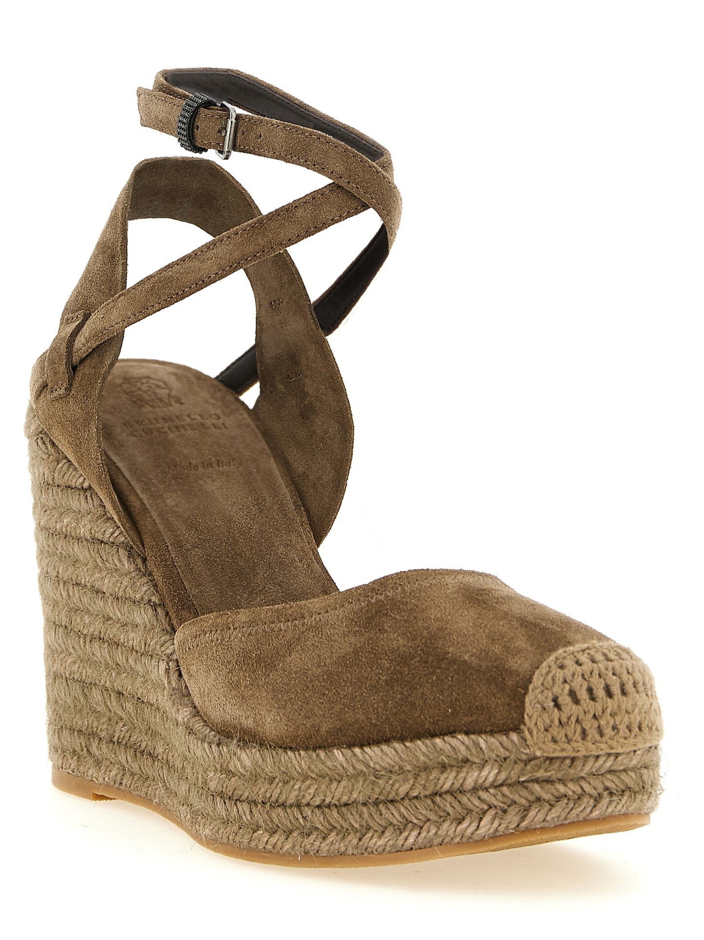 Wedge Ankle Strap Sandals by Brunello Cucinelli for women in calfskin suede leather brown showcases a sculptural silhouette as Crochet Monile Women's Calfskin Suede Leather Wedge Ankle Strap Sandals, defined by a sculptural wedge and sculptural round toe style for a sculptural look.