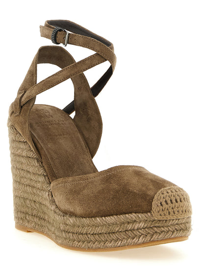 Wedge Ankle Strap Sandals by Brunello Cucinelli for women in calfskin suede leather brown showcases a sculptural silhouette as Crochet Monile Women's Calfskin Suede Leather Wedge Ankle Strap Sandals, defined by a sculptural wedge and sculptural round toe style for a sculptural look.
