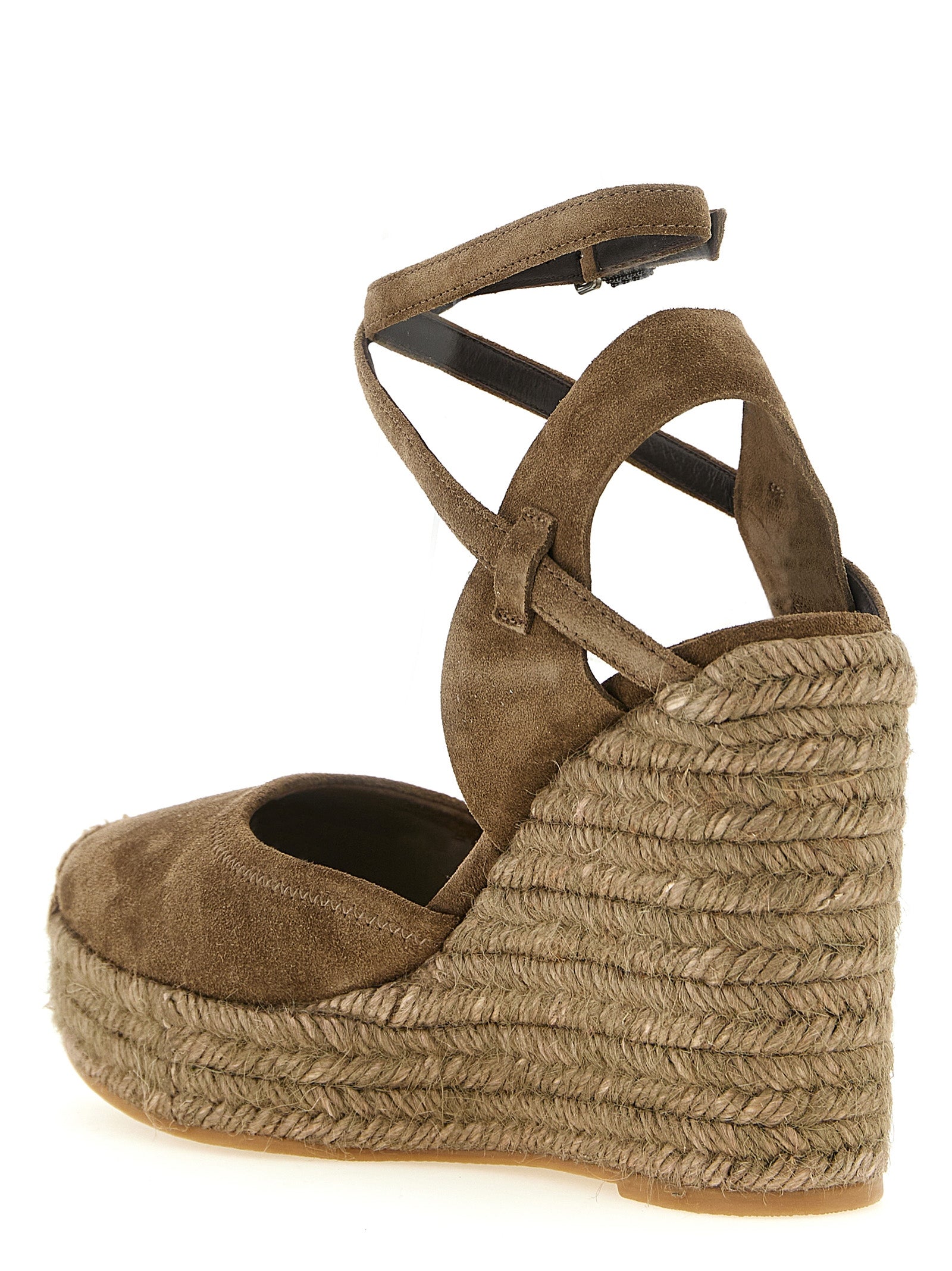 Wedge Ankle Strap Sandals by Brunello Cucinelli for women in calfskin suede leather brown presents a sculptural silhouette, showcasing the Crochet Monile Women's Calfskin Suede Leather Wedge Ankle Strap Sandals design with a sculptural wedge and round toe style for a premium look.