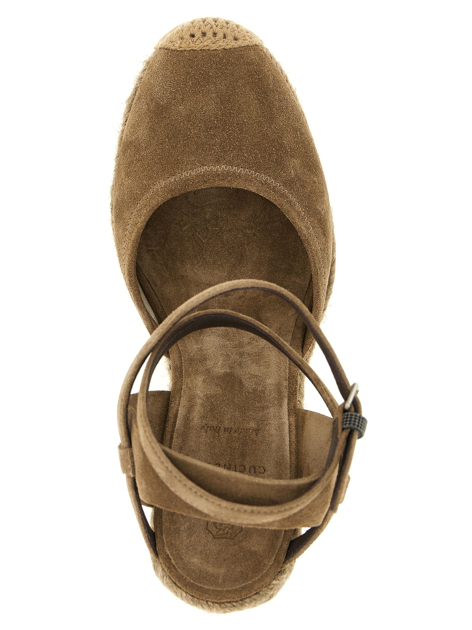 Wedge Ankle Strap Sandals by Brunello Cucinelli for women in calfskin suede leather brown showcases a sculptural silhouette as Crochet Monile Women's Calfskin Suede Leather Wedge Ankle Strap Sandals, defined by a sculptural wedge and sculptural round toe style for a sculptural look.