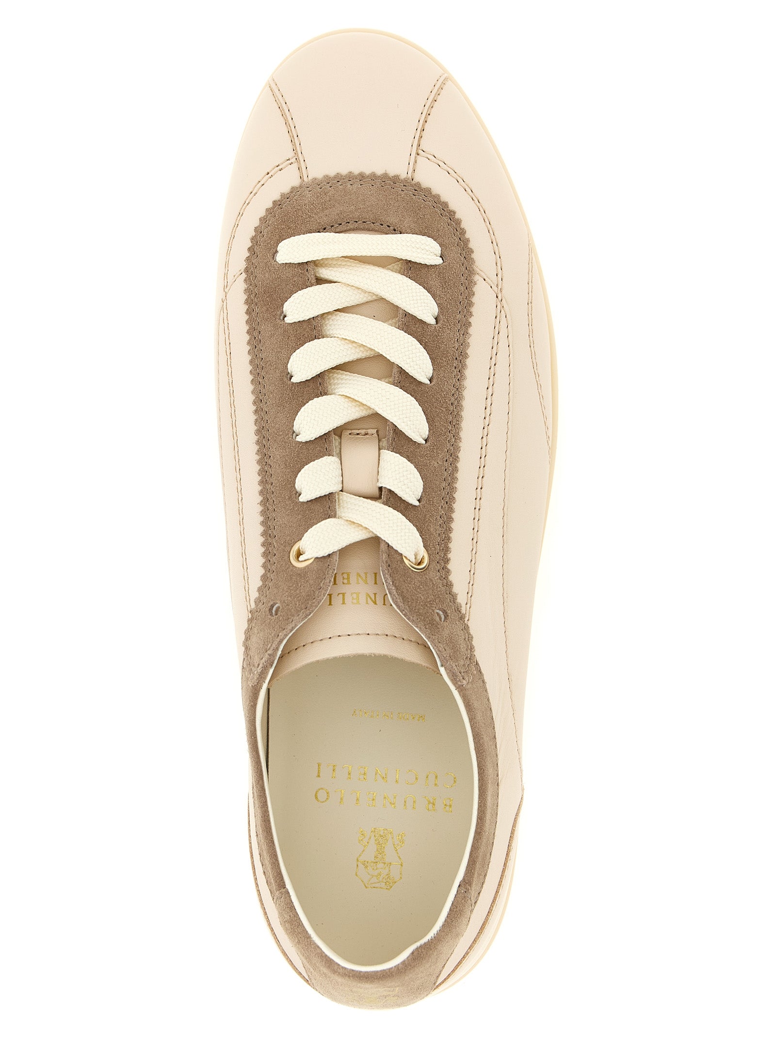 Sneakers by Brunello Cucinelli for men in suede calfskin leather & cotton beige & gold features an versatile design from the Men's Low Top Suede Calfskin Leather & Cotton Sneakers collection, highlighting a versatile low-top style for a premium, high-fashion look.
