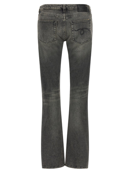 Jeans by R13 for women in stretch denim cotton black, dark-gray, gold & signature features a polished silhouette with a polished bootcut, reaching a polished long and finished with a polished low rise.