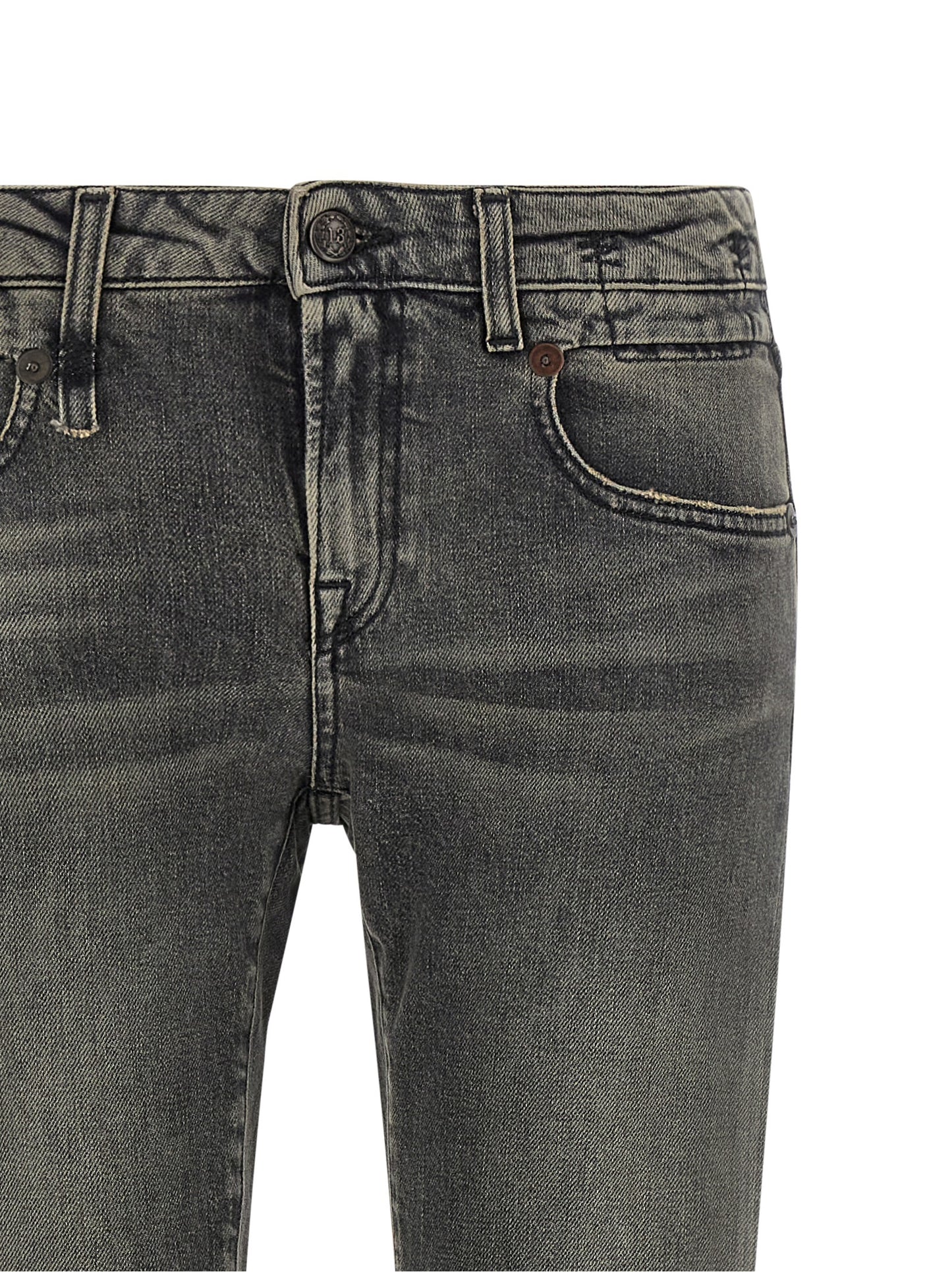 Jeans by R13 for women in stretch denim cotton black, dark-gray, gold & signature presents a tailored silhouette, showcasing a tailored bootcut and long cut with a refined low rise for a truly tailored aesthetic.