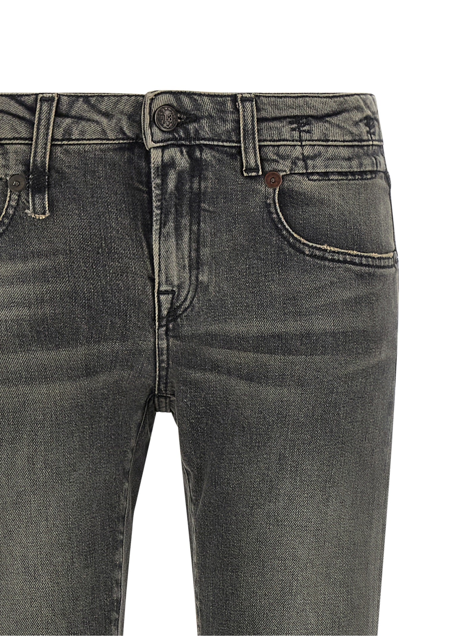 Jeans by R13 for women in stretch denim cotton black, dark-gray, gold & signature presents a tailored silhouette, showcasing a tailored bootcut and long cut with a refined low rise for a truly tailored aesthetic.
