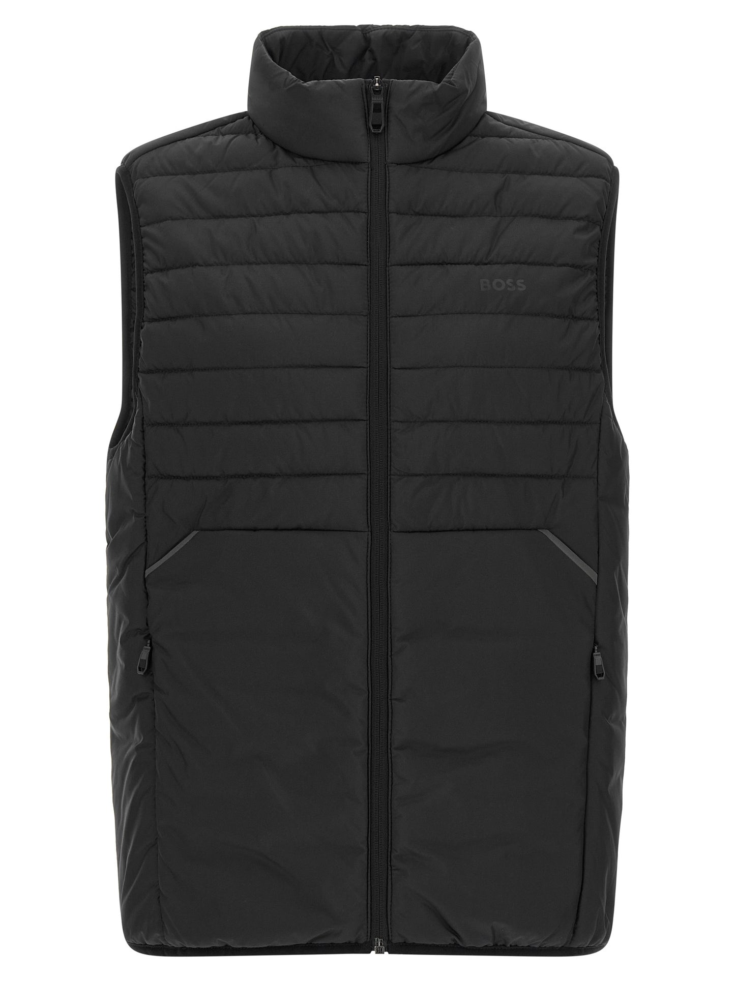 Vest by Hugo Boss for men in polyester black features a chic silhouette, expertly detailed with a refined high-neck neckline and premium pockets for a truly chic look.