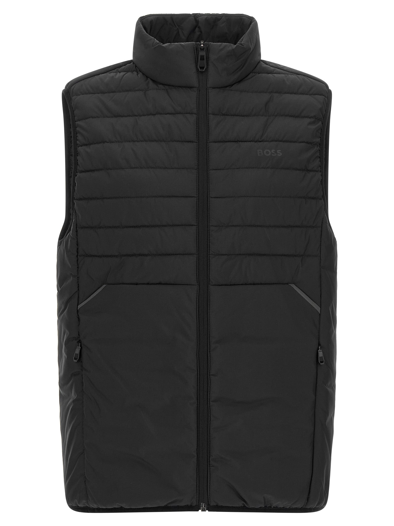 Vest by Hugo Boss for men in polyester black features a chic silhouette, expertly detailed with a refined high-neck neckline and premium pockets for a truly chic look.