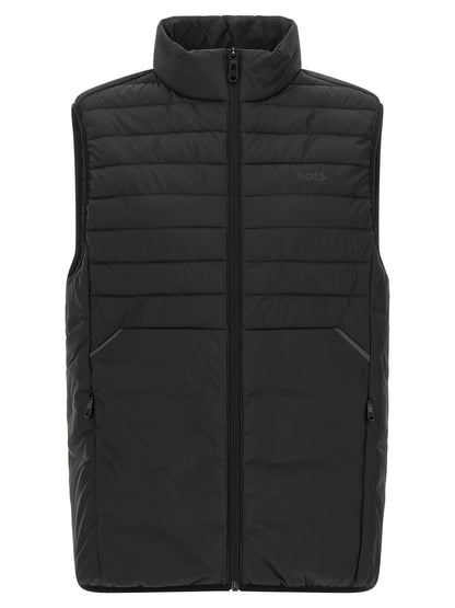 Vest by Hugo Boss for men in polyester black features a chic silhouette, expertly detailed with a refined high-neck neckline and premium pockets for a truly chic look.