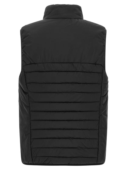 Vest by Hugo Boss for men in polyester black showcases a utilitarian silhouette, artfully incorporating pockets and a utilitarian high-neck neckline for a truly utilitarian finish.